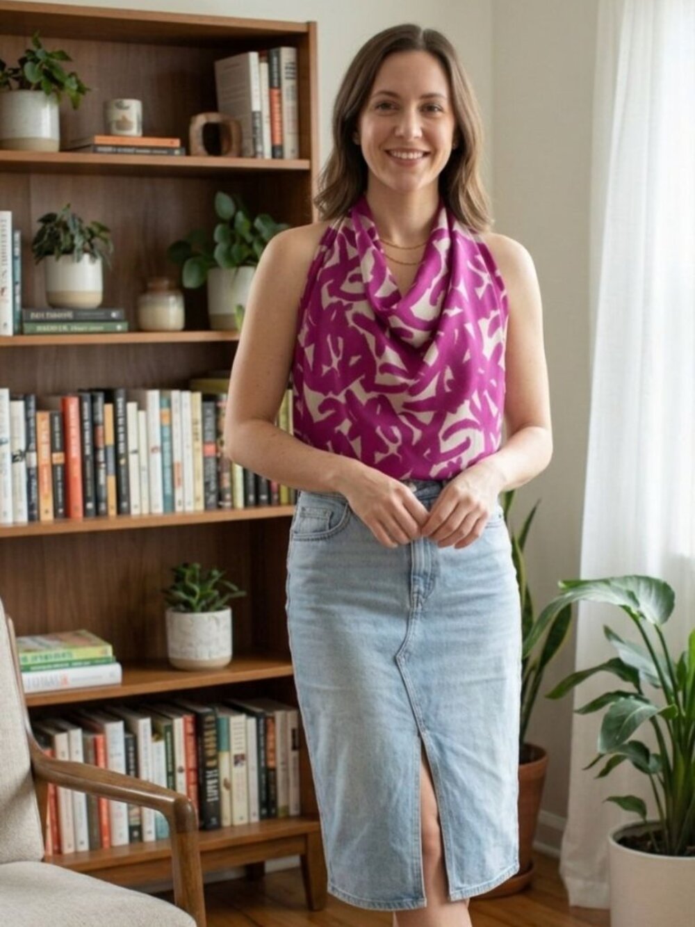 Lavender Brown Magenta Abstract Print Cowl Neck Halter Top Size X-Small